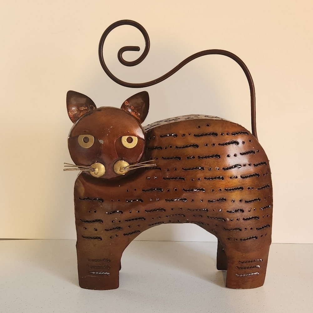 Vintage Folk art Fat Cat Cut Out Bronze Painted Metal Lantern Candle Holder Boho